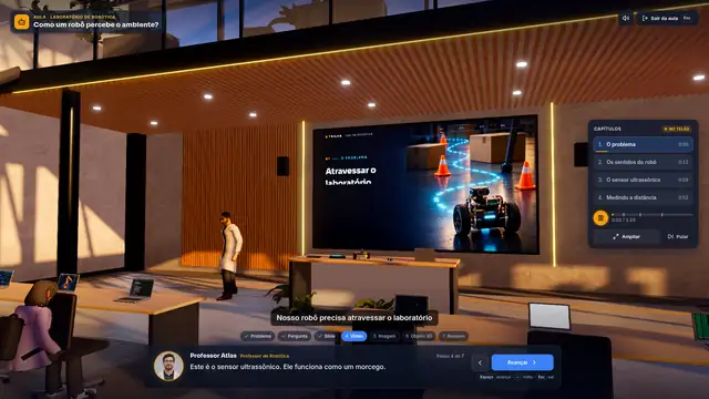 Aula do Professor Atlas com vídeo no telão, capítulos e barra de diálogo
