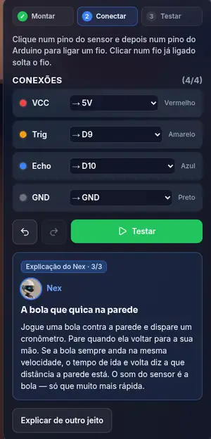 Painel da bancada B3: conexões VCC, Trig, Echo e GND, botão Testar e explicação alternativa do Nex, A bola que quica na parede