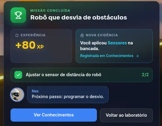 Card do jogo: Missão concluída, Robô que desvia de obstáculos, +80 XP e nova evidência: você aplicou Sensores na bancada